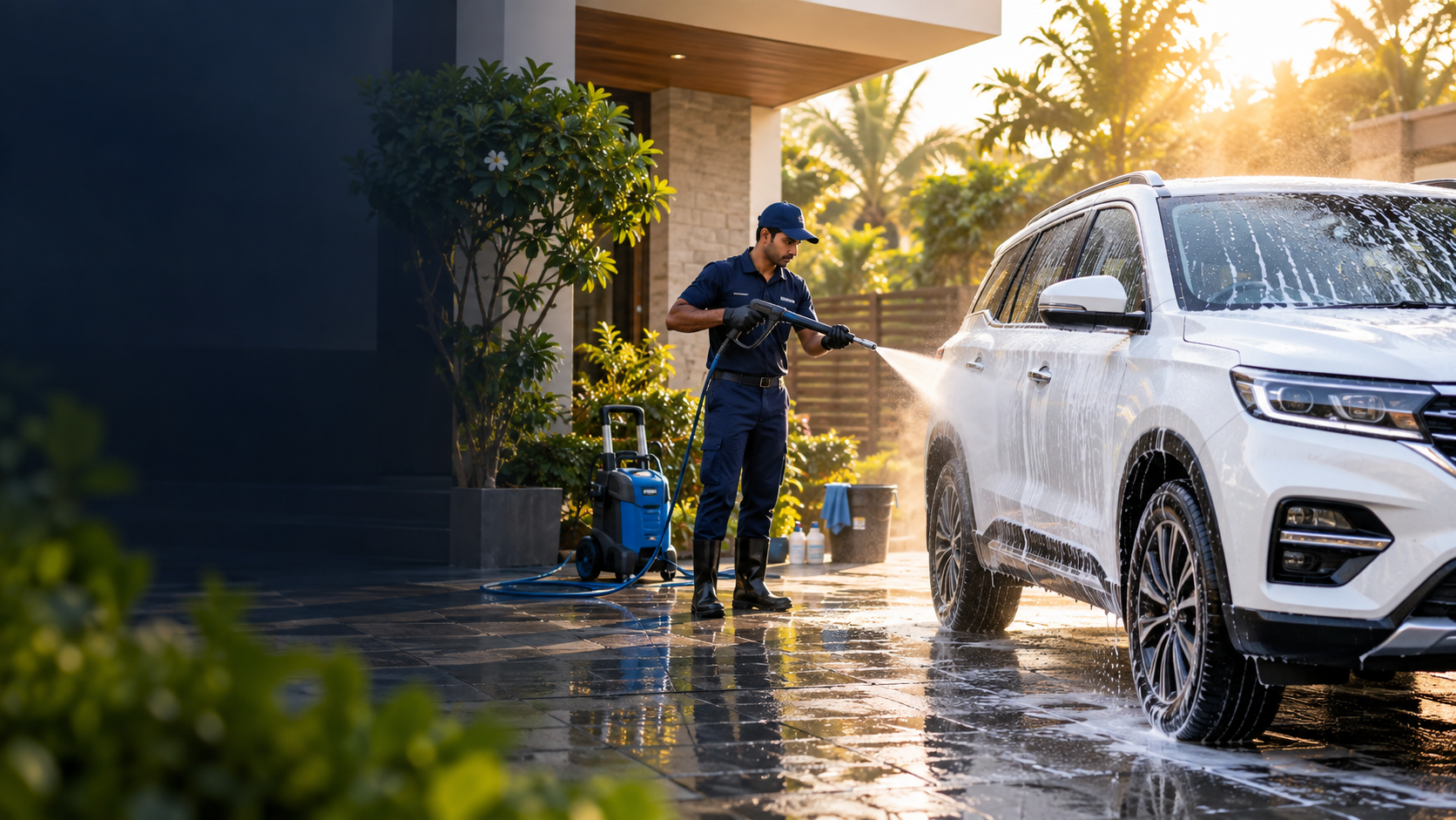 Professional doorstep car wash for a family SUV
